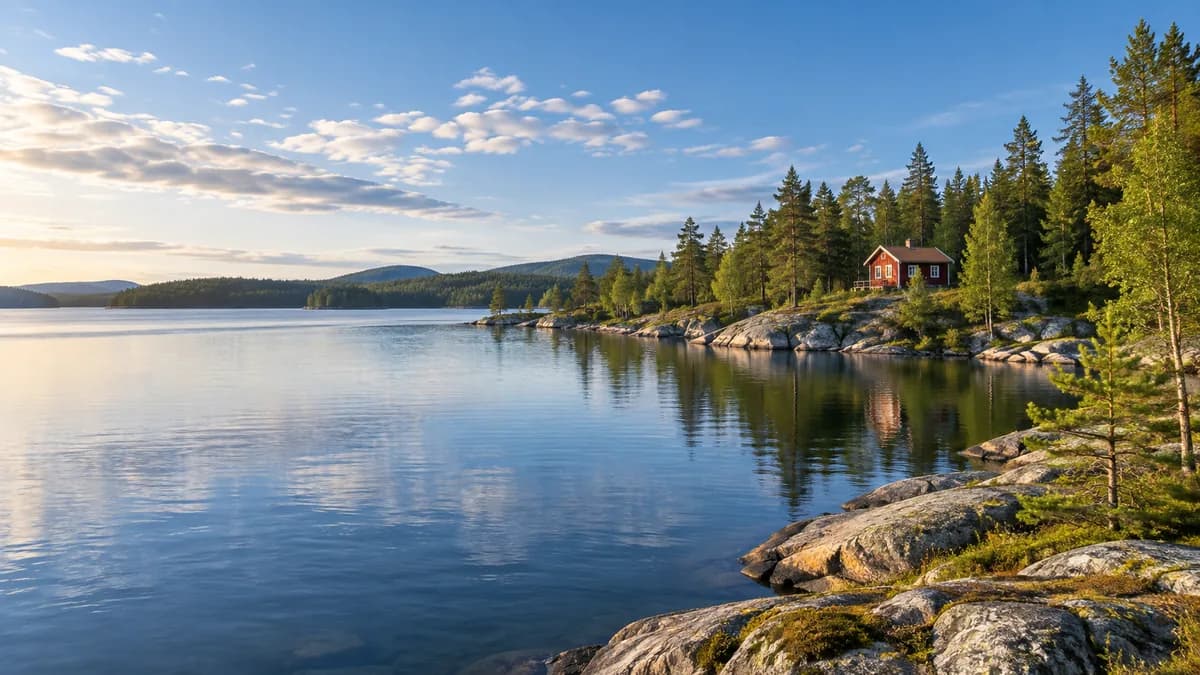 En stilla svensk sjö omgiven av skog och klippstrand.